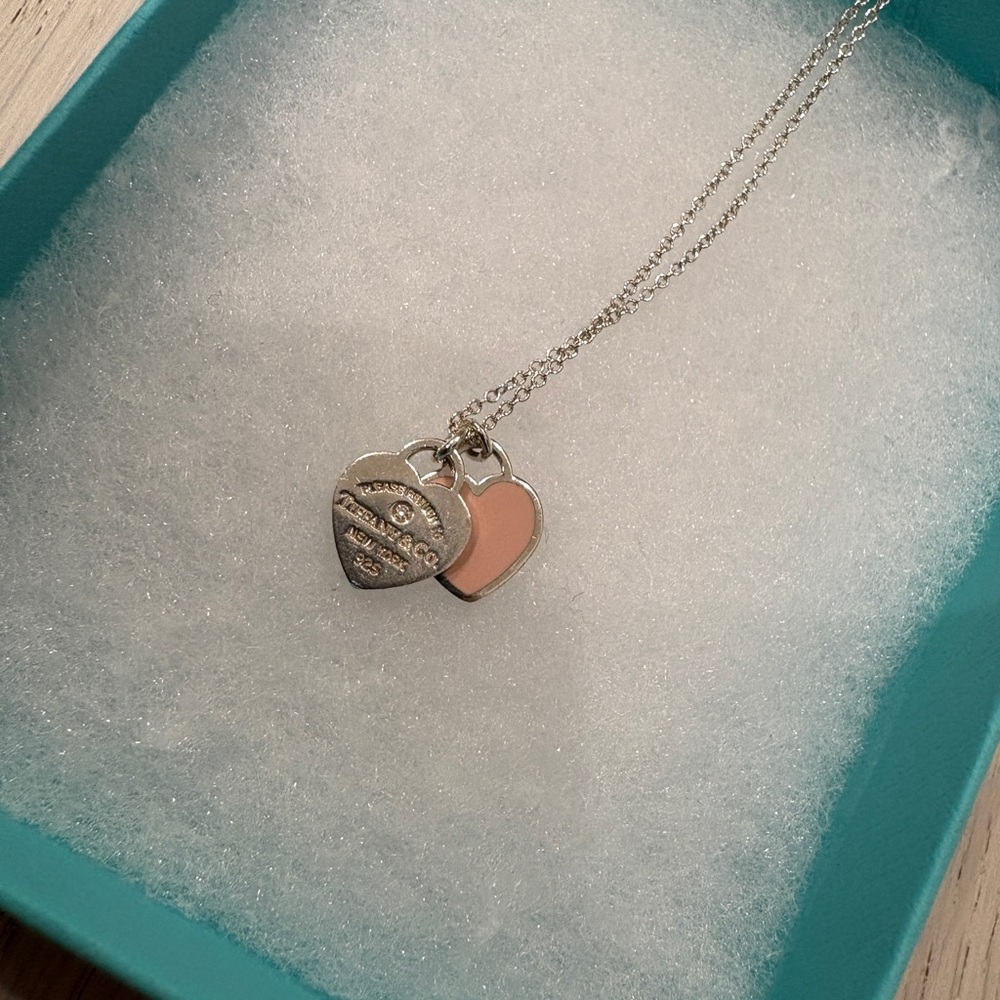 Return to Tiffany & co. Sterling silver diamond pink double heart tag necklace
